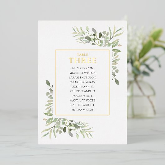 金箔の緑のテーブル番号の座席表 箔招待状 (立ち正面)