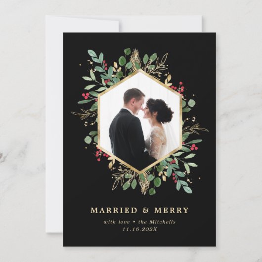 金箔の緑の幾何学的結婚したと写メリー真 シーズンカード (正面)