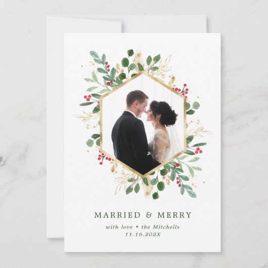 金箔の緑の幾何学的結婚したと写メリー真 シーズンカード (正面)