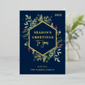 金箔の緑の装飾が施されたネイビーブルー | シーズンズ・グリーティングス 箔シーズンカード (立ち正面)