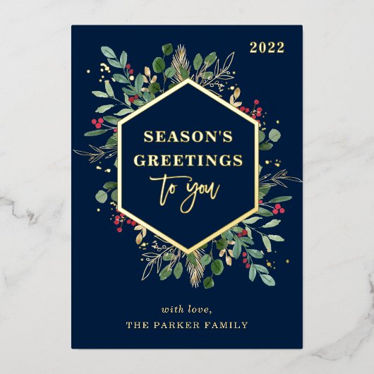 金箔の緑の装飾が施されたネイビーブルー | 季節のご挨 箔シーズンカード (正面)