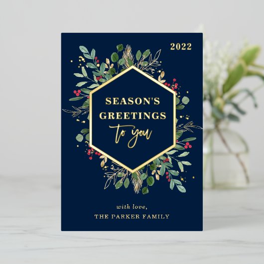 金箔の緑の装飾が施されたネイビーブルー | 季節のご挨 箔シーズンカード (立ち正面)