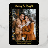 金箔の葉と家族写真のクリスマス 箔シーズンカード (正面)