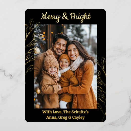金箔の葉と家族写真のクリスマス 箔シーズンカード (正面)