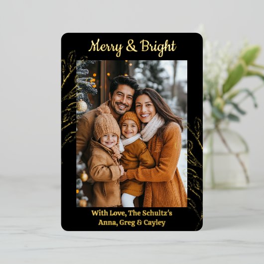 金箔の葉と家族写真のクリスマス 箔シーズンカード (立ち正面)