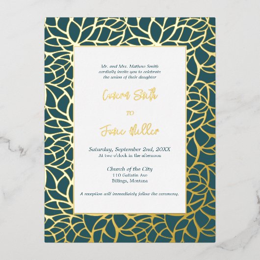 金箔の葉結婚式招待状カード 箔招待状ポストカード (正面)