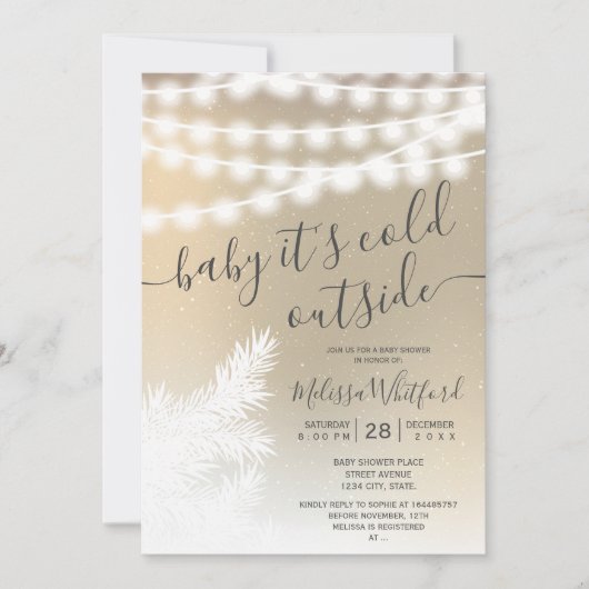 金箔の雪の松の文字列ライト赤ちゃんシャワー 招待状 (正面)