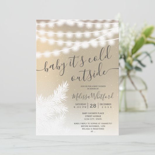 金箔の雪の松の文字列ライト赤ちゃんシャワー 招待状 (スタンド正面)