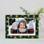 金箔の雪の結晶フォトグリーンと金ゴールド 箔シーズンカード (立ち正面)