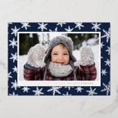 金箔の雪の結晶フォトネイビーとシルバー 箔シーズンカード (正面)