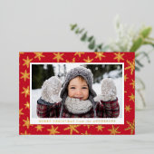 金箔の雪の結晶フォトレッドと金ゴールド 箔シーズンカード (立ち正面)