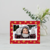 金箔の雪の結晶フォトレッドと金ゴールド 箔シーズンポストカード (立ち正面)