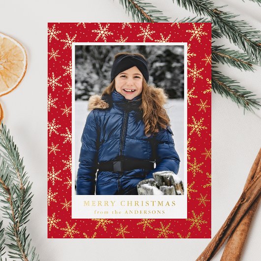 金箔の雪の結晶フォトレッドと金ゴールド 箔シーズンポストカード