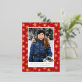 金箔の雪の結晶フォトレッドと金ゴールド 箔シーズンポストカード (立ち正面)