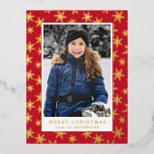 金箔の雪の結晶フォトレッドと金ゴールド 箔シーズンポストカード (正面)