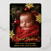 金箔の雪片と家族の写真パーソナライズされた 箔シーズンカード (正面)