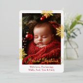 金箔の雪片と家族の写真パーソナライズされた 箔シーズンカード (立ち正面)