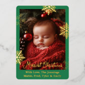 金箔の雪片と家族の写真パーソナライズされた 箔シーズンカード (正面)