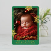 金箔の雪片と家族の写真パーソナライズされた 箔シーズンカード (立ち正面)