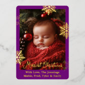 金箔の雪片と家族の写真パーソナライズされた 箔シーズンカード (正面)
