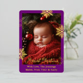 金箔の雪片と家族の写真パーソナライズされた 箔シーズンカード (立ち正面)