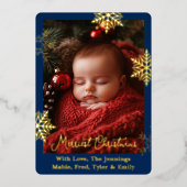 金箔の雪片と家族の写真パーソナライズされた 箔シーズンカード (正面)