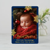 金箔の雪片と家族の写真パーソナライズされた 箔シーズンカード (立ち正面)