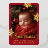 金箔の雪片と家族の写真パーソナライズされた 箔シーズンカード (正面)