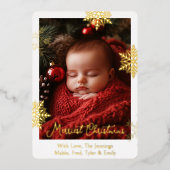 金箔の雪片と家族の写真パーソナライズされた 箔シーズンカード (正面)