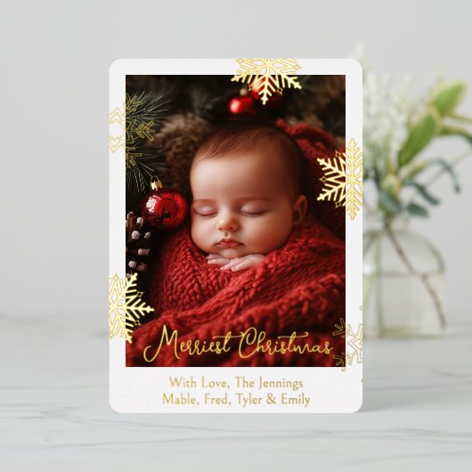 金箔の雪片と家族の写真パーソナライズされた 箔シーズンカード (立ち正面)