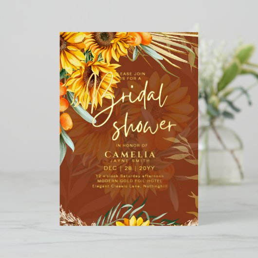 金箔ひまわり素朴ブライダルシャワーQRコード 箔招待状 (立ち正面)