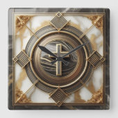 金箔を施した大理石の上にアブソリューションでエレガンス スクエア壁時計 (正面)