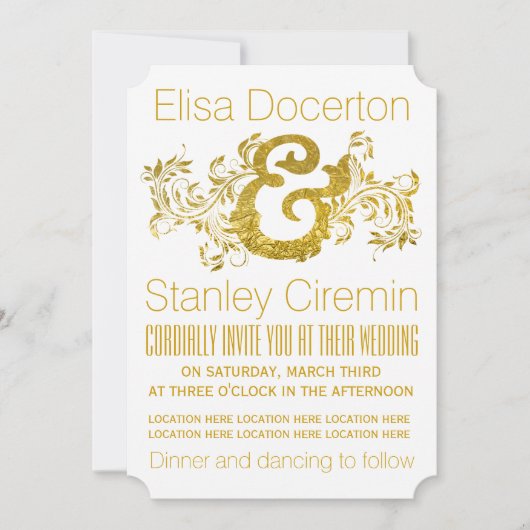 金箔アンパサンドおよびスクロールリーフ結婚フローラ 招待状 (正面)