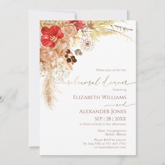 金箔ウォーターカラーボホ結婚のリハーサルディナー 招待状 (正面)