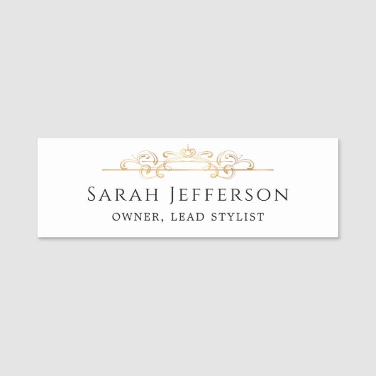 金箔エレガント付き白クラシック人社員  名札 (正面)