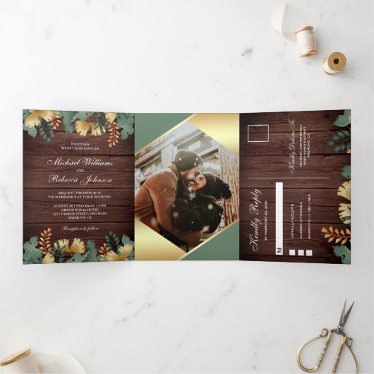 金箔ジオメトリック葉トロピカルフォトズ結婚ス 三つ折り招待状 (内部)