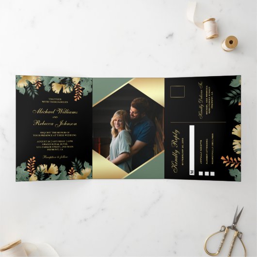 金箔ジオメトリック葉トロピカルフォトズ結婚ス 三つ折り招待状 (内部)