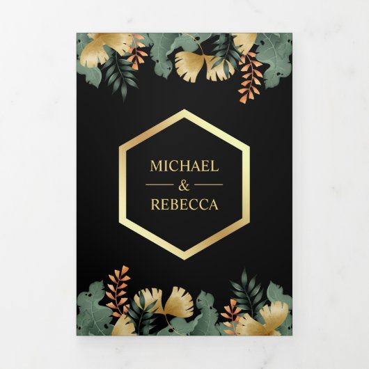 金箔ジオメトリック葉トロピカルフォトズ結婚ス 三つ折り招待状 (カバー)