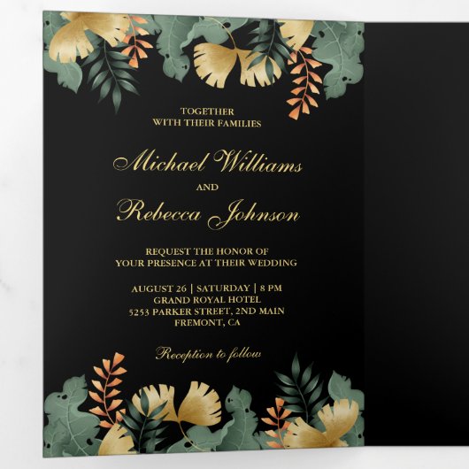 金箔ジオメトリック葉トロピカルフォトズ結婚ス 三つ折り招待状 (内部最初)