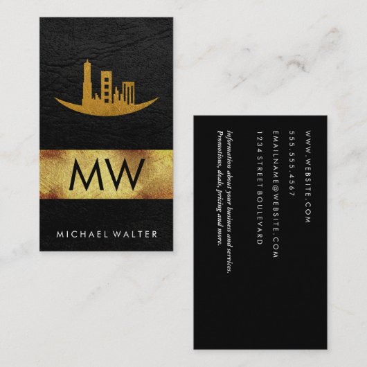 金箔スカイライン | レザーモノグラム 名刺 (正面/裏面)