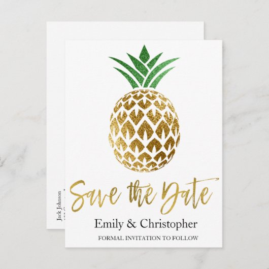 金箔スクリプトウェディング日付を保存パイナップル 案内ポストカード (正面/裏面)