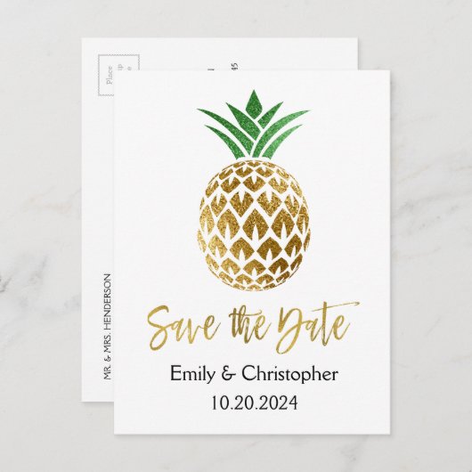 金箔スクリプトウェディング日付を保存パイナップル 案内ポストカード (正面/裏面)