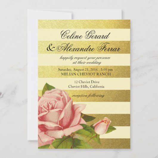 金箔ストライプのヴィンテージフローラ|金ゴールドアイボリー 招待状 (正面)