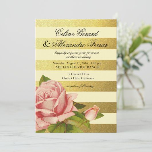 金箔ストライプのヴィンテージフローラ|金ゴールドアイボリー 招待状 (スタンド正面)