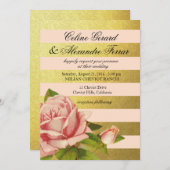 金箔ストライプのヴィンテージフローラ|金ゴールド赤面ピンク 招待状 (正面/裏面)