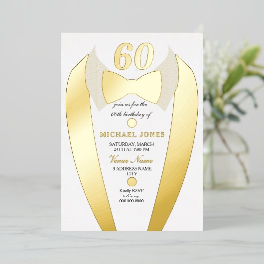 金箔タキシードのスーツMens 60th誕生日パーティー 箔招待状 (立ち正面)