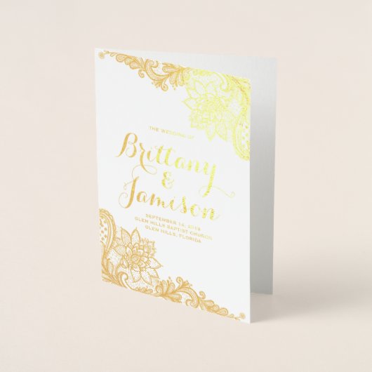 金箔ダマスクレースヴィンテージ結婚式プログラム 箔カード (正面)