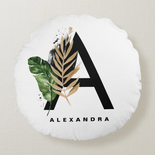 金箔トロピカルレターAモノグラムパーソナライズされた ラウンドクッション (正面)