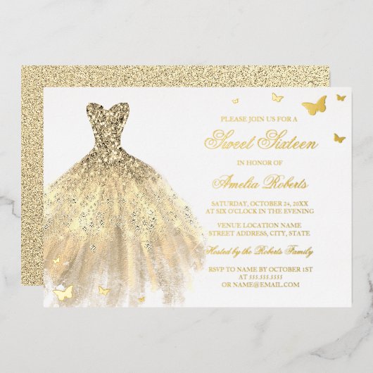 金箔ドレスバタフライSweet sixteen 箔招待状 (正面/裏面)