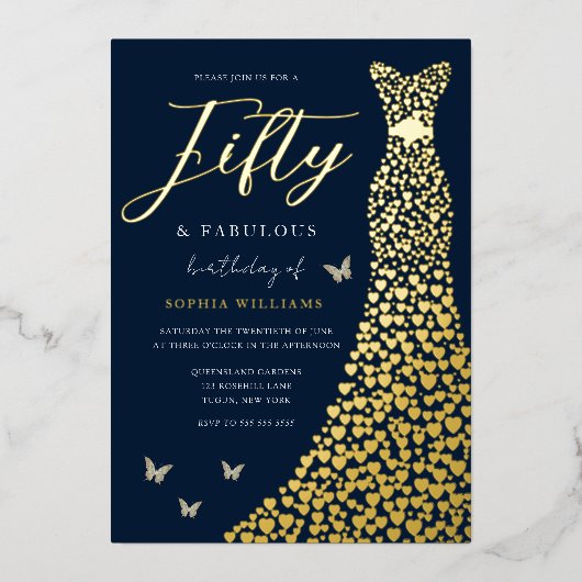 金箔ハートガウンとネイビー50th誕生日パーティー 箔招待状 (正面)